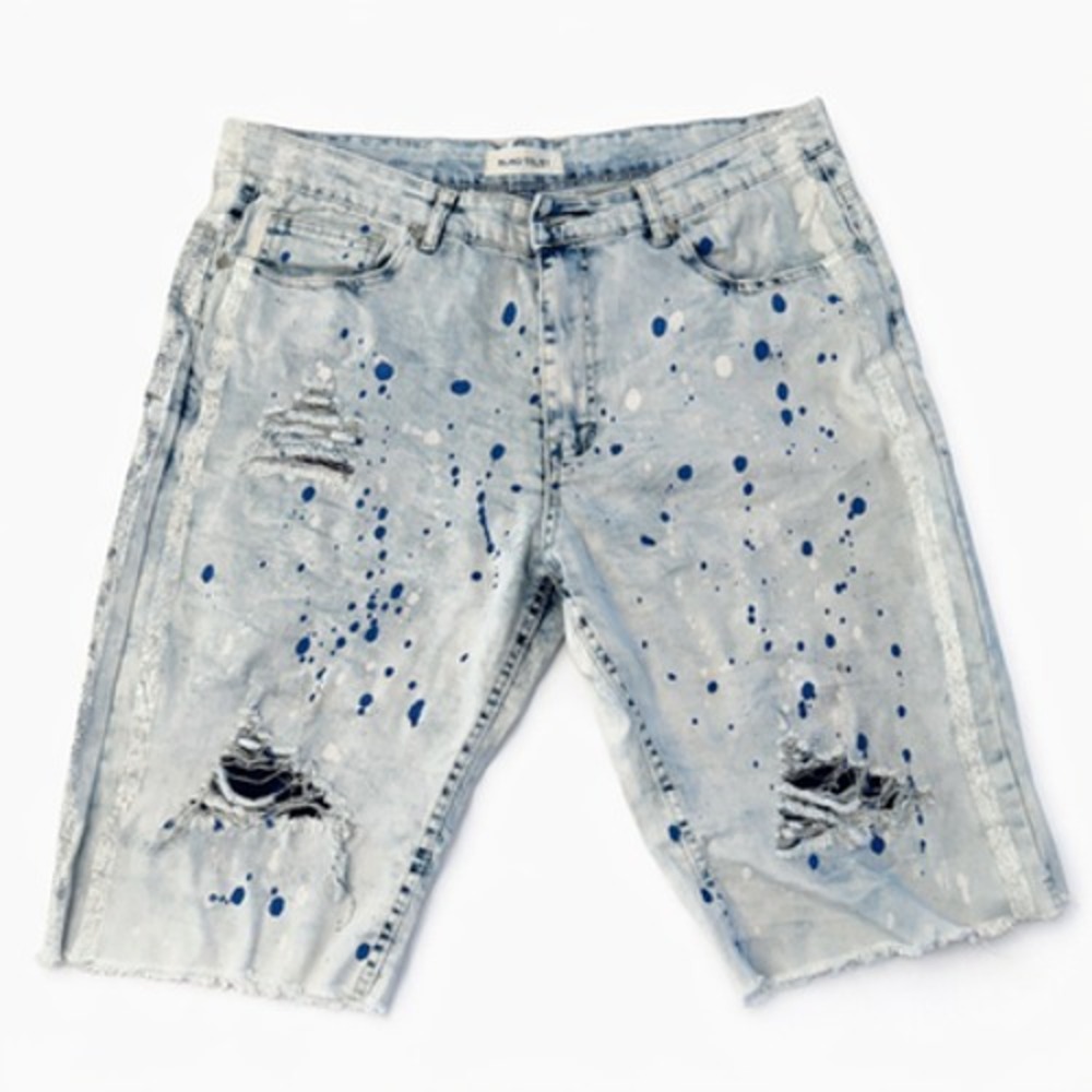 Blind Trust Denim Shorts woman Light Wash Distressed Ripped Paint Splatter W34